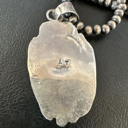 Navajo Blue Turquoise #8 Pendant | Sterling Silver Necklace with Pearls | Authentic Native American Handmade | 15904