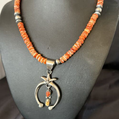 Navajo Red Spiny Oyster Naja Pendant Necklace | Sterling Silver | 23" | Authentic Native American Handmade | 17659