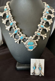Kingman Turquoise Navajo Squash Blossom Necklace & Earrings | Sterling Silver | Native American Handmade | 16543