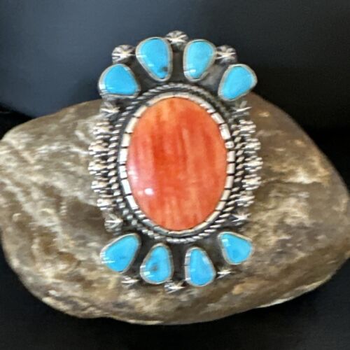 Navajo Turquoise Spiny Oyster Multi-Stone Ring | Authentic Native American Sterling Silver | Sz 8 | 15076