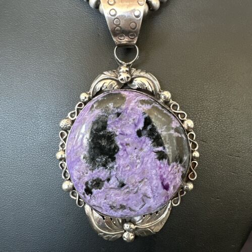Navajo Purple Charoite Pendant with Pearls | Sterling Silver Necklace | Authentic Native American Handmade | 17154