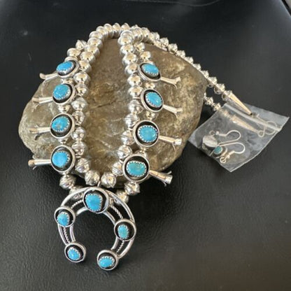 Navajo Kingman Turquoise Squash Blossom Necklace | Sterling Silver | 17" | Authentic Native American Handmade | 16110