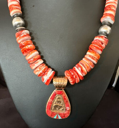 Navajo Red Spiny Oyster Pendant Necklace | Sterling Silver | Brass Inlay | Authentic Native American Handmade | 15789