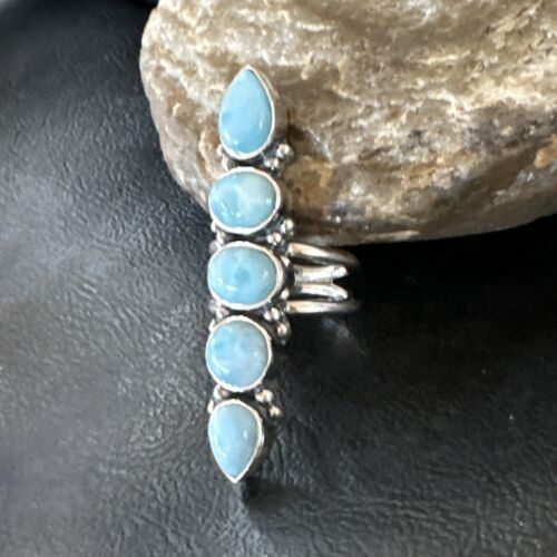 Navajo Women's Cluster Blue Larimar Ring | Authentic Native American Sterling Silver | Multi-Stone | Sz 7.5 | 16150