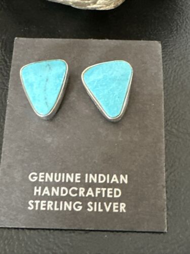 Navajo Blue Kingman Turquoise Post Stud Earrings | Sterling Silver | Authentic Native American Handmade | 17471