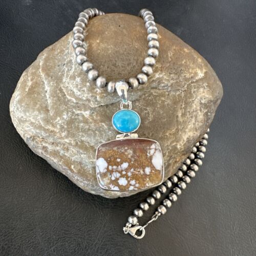 Men's Wild Horse Blue Kingman Turquoise Necklace | Sterling Silver SW Pendant | 17325