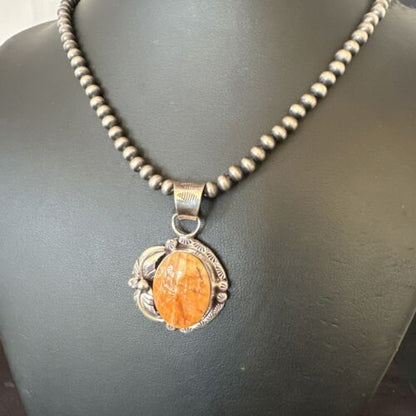 Women's Orange Spiny Oyster Pendant | Navajo Pearls Sterling Silver Necklace 21" | 16555