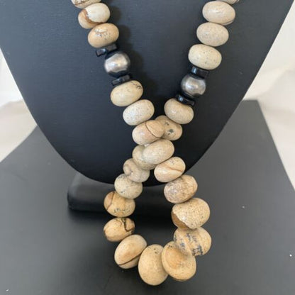 Native American Women's Graduated Picture Jasper & Onyx Necklace | Sterling Silver 26" | 1767