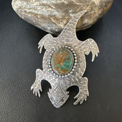 Navajo Royston Green Turquoise Horny Toad Pin | Handmade Stamped | Authentic Native American | LC 15496