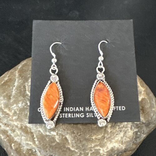 Navajo Orange Spiny Oyster Dangle Earrings | Sterling Silver | Authentic Native American Handmade | 17276