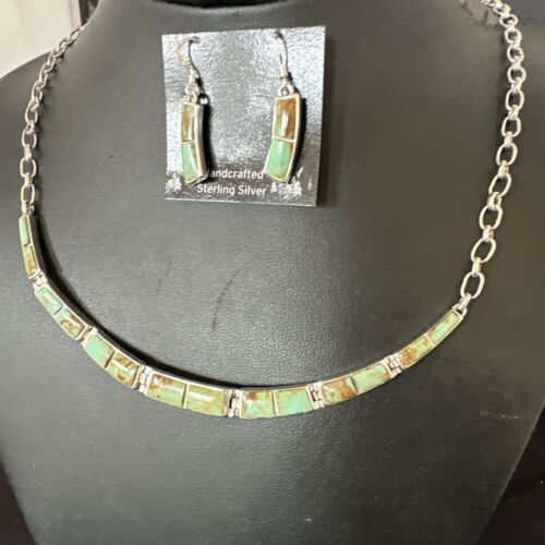 Navajo Choker Necklace with Blue #8 Turquoise Inlay | Sterling Silver Earrings Set | Native American Handmade | 16265