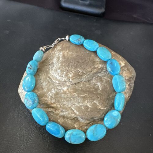 Women's Blue Turquoise Bead Bracelet | Southwestern Sterling Silver Link | 9" | 17229