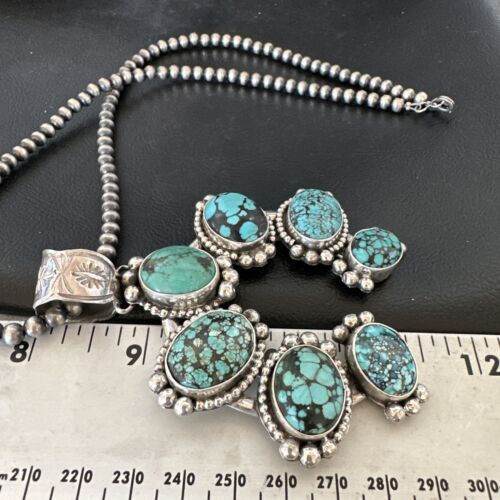 Navajo Men's Blue Turquoise Naja Pendant Necklace | Sterling Silver Pearls | Authentic Native American | 16404