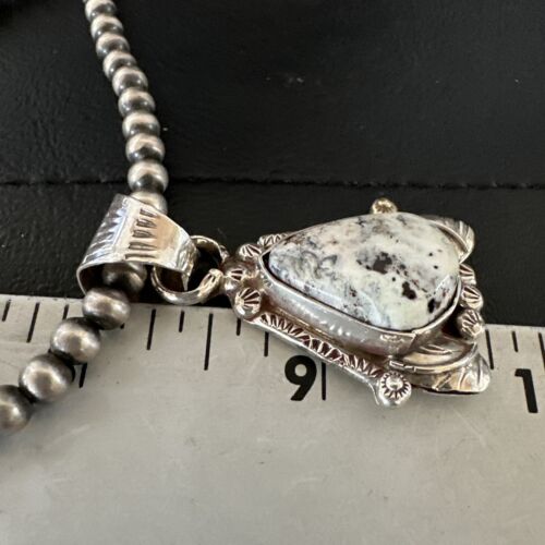 Men's White Buffalo Turquoise Pendant Necklace | Navajo Pearls | Sterling Silver | Native American Handmade | 17330