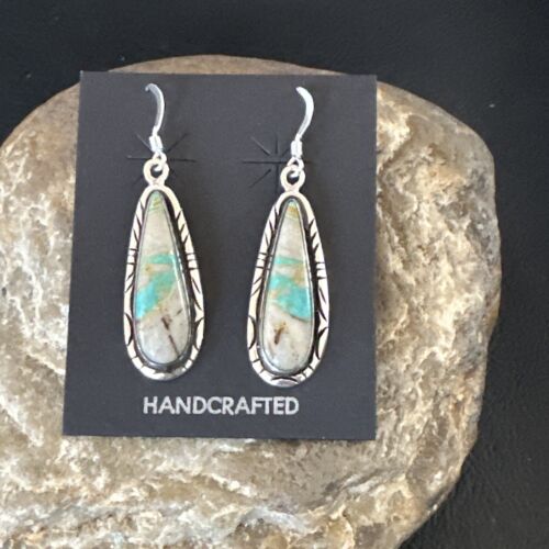 Navajo Blue Boulder Turquoise Dangle Earrings | Sterling Silver | Authentic Native American Handmade | 16504