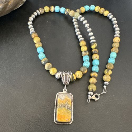 Men's BumbleBee Jasper Pendant Necklace | Navajo Pearls | Sterling Silver | Authentic Native American Handmade | 16873 - Masha USA