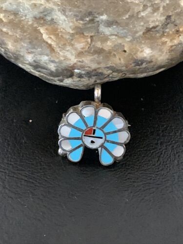 Zuni Sunface Pin Pendant | Turquoise, Mother of Pearl, Spiny Oyster | Sterling Silver | Native American Handmade | 01180
