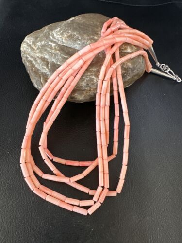 Navajo Pink Coral Tube Heishi Bead Necklace | 5-Strand Sterling Silver | 18" | Authentic Native American Handmade | 15278 - Masha USA