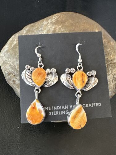 Navajo Orange Spiny Oyster Dangle Earrings | Sterling Silver | 1.5" | Authentic Native American Handmade | 16576