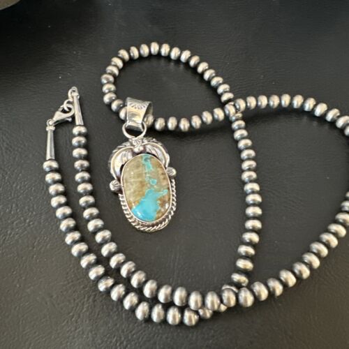 Navajo Blue Boulder Turquoise Necklace Pendant | Sterling Silver | Authentic Native American Handmade | 16139