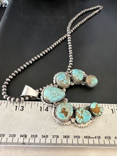 Navajo Blue Turquoise #8 Squash Blossom Necklace Naja Pendant | Sterling Silver | Authentic Native American Handmade | 16896
