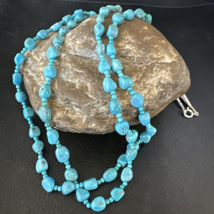 Navajo Blue Nugget Turquoise Necklace | 2 Strand | Sterling Silver | 20" | Authentic Native American Handmade | 15342