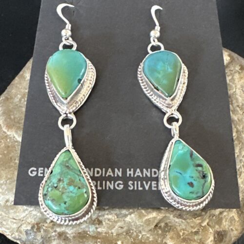 Navajo Green Royston Turquoise Dangle Earrings | Sterling Silver | Authentic Native American Handmade | 16494
