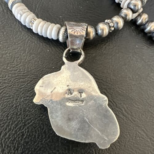 Navajo White Buffalo Turquoise Pendant Necklace | Sterling Silver | Authentic Native American Handmade | 17336