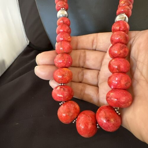 Authentic Navajo Sterling Silver Necklace | Apple Sponge Coral Graduated Beads | 25" | Native American Jewelry | 16815