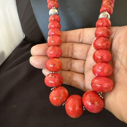 Authentic Navajo Sterling Silver Necklace | Apple Sponge Coral Graduated Beads | 25" | Native American Jewelry | 16815