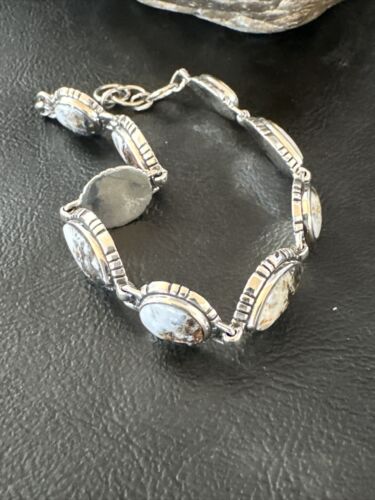 White Buffalo Turquoise 8-Stone Navajo Sterling Silver Link Bracelet 8" | Handmade | 16379