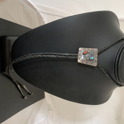 Navajo Turquoise Coral Bolo Tie | Sterling Silver | Authentic Native American Handmade | 02003 Bolo