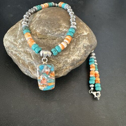 Navajo Spiny Turquoise Pendant Necklace | Sterling Silver | 22" | Authentic Native American Handmade | 17432