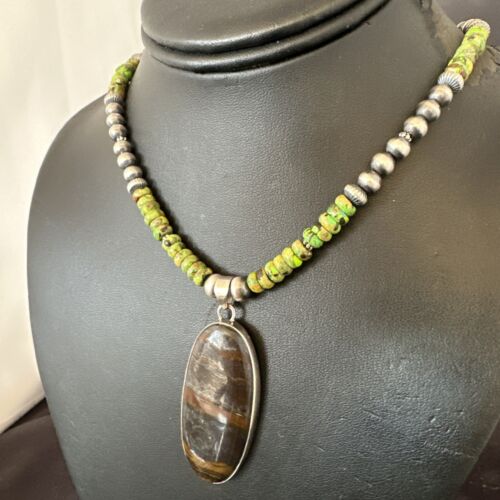 Navajo Green Turquoise Jasper Pendant | Sterling Silver Necklace | Authentic Native American Handmade | 17053