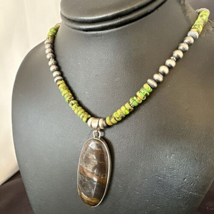 Navajo Green Turquoise Jasper Pendant | Sterling Silver Necklace | Authentic Native American Handmade | 17053