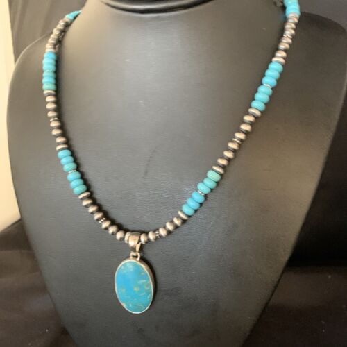 Navajo Blue Turquoise Pendant Necklace | Sterling Silver | Authentic Native American Handmade | 13867