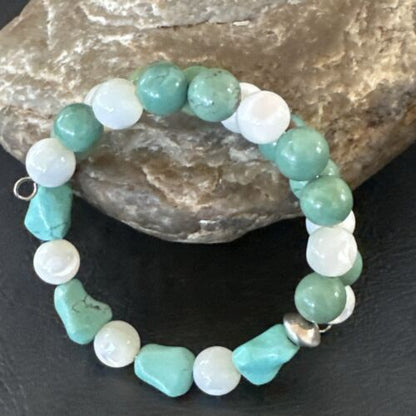 Turquoise Memory Wire Bracelet | Stainless Steel | Mother of Pearl Beads | 7" | 17629