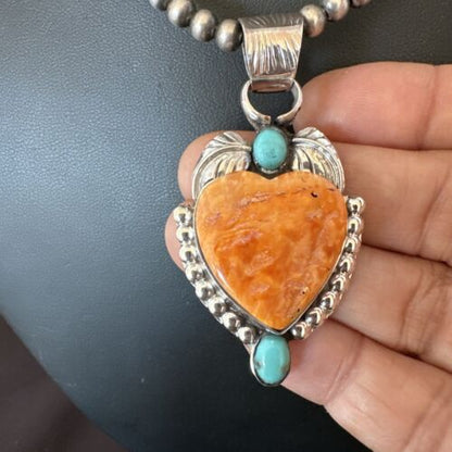 Navajo Spiny Oyster Heart | Turquoise Pendant Necklace | Sterling Silver | Authentic Native American Handmade | 16457