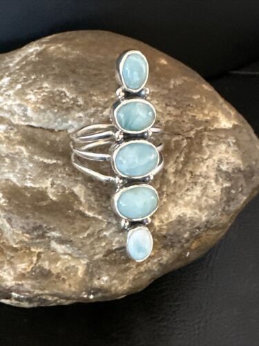 Navajo Blue Larimar Cluster Ring | Authentic Native American Sterling Silver | Multi-Stone | Sz 7.5 | 15978