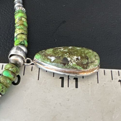 Navajo Green Turquoise Pendant Necklace | Sterling Silver Pearls | Authentic Native American Handmade | 16234
