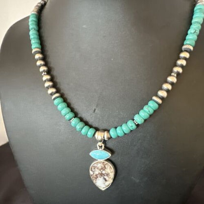 Wild Horse | Blue Kingman Turquoise Necklace Pendant | Sterling Silver | Multi-Stone | 17575