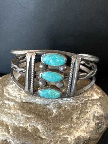 Women's Navajo Sterling Silver Cuff Bracelet | Blue Arizona Turquoise | 3 Stone | 16430