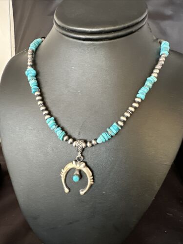 Navajo Kingman Turquoise Naja Pendant Necklace | Sterling Silver | Native American Handmade | 14834