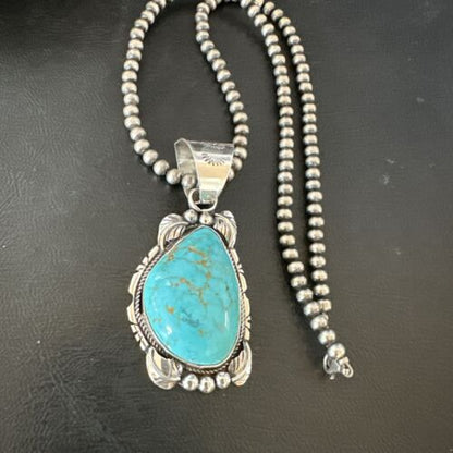 Navajo Men's Blue Kingman Turquoise Pendant Necklace | Sterling Silver | Authentic Native American Handmade | 17477