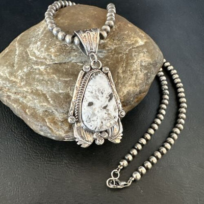 Navajo White Buffalo Turquoise Pendant Necklace | Sterling Silver | Authentic Native American Handmade | 17520