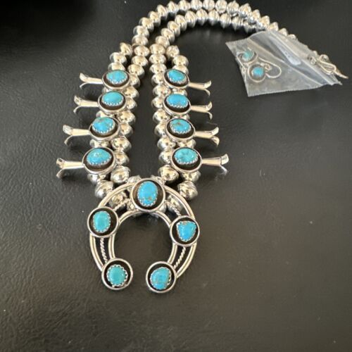 Navajo Kingman Turquoise Shadowbox Squash Blossom Necklace | Sterling Silver | 17" | 16111
