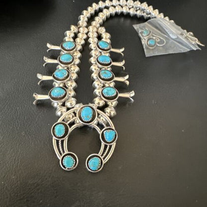Navajo Kingman Turquoise Shadowbox Squash Blossom Necklace | Sterling Silver | 17" | 16111
