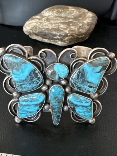 Navajo Butterfly Blue Turquoise Cuff Bracelet | Sterling Silver | Authentic Native American Handmade