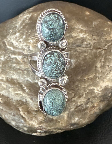 Navajo Blue Spiderweb Turquoise Cluster Ring | Authentic Native American Sterling Silver | Multi-Stone | Sz 9 | 16704