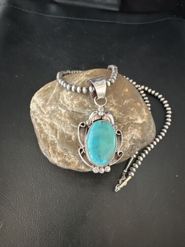 Navajo Pearls Blue Turquoise Necklace Pendant | Sterling Silver | Authentic Native American Handmade | 14878
